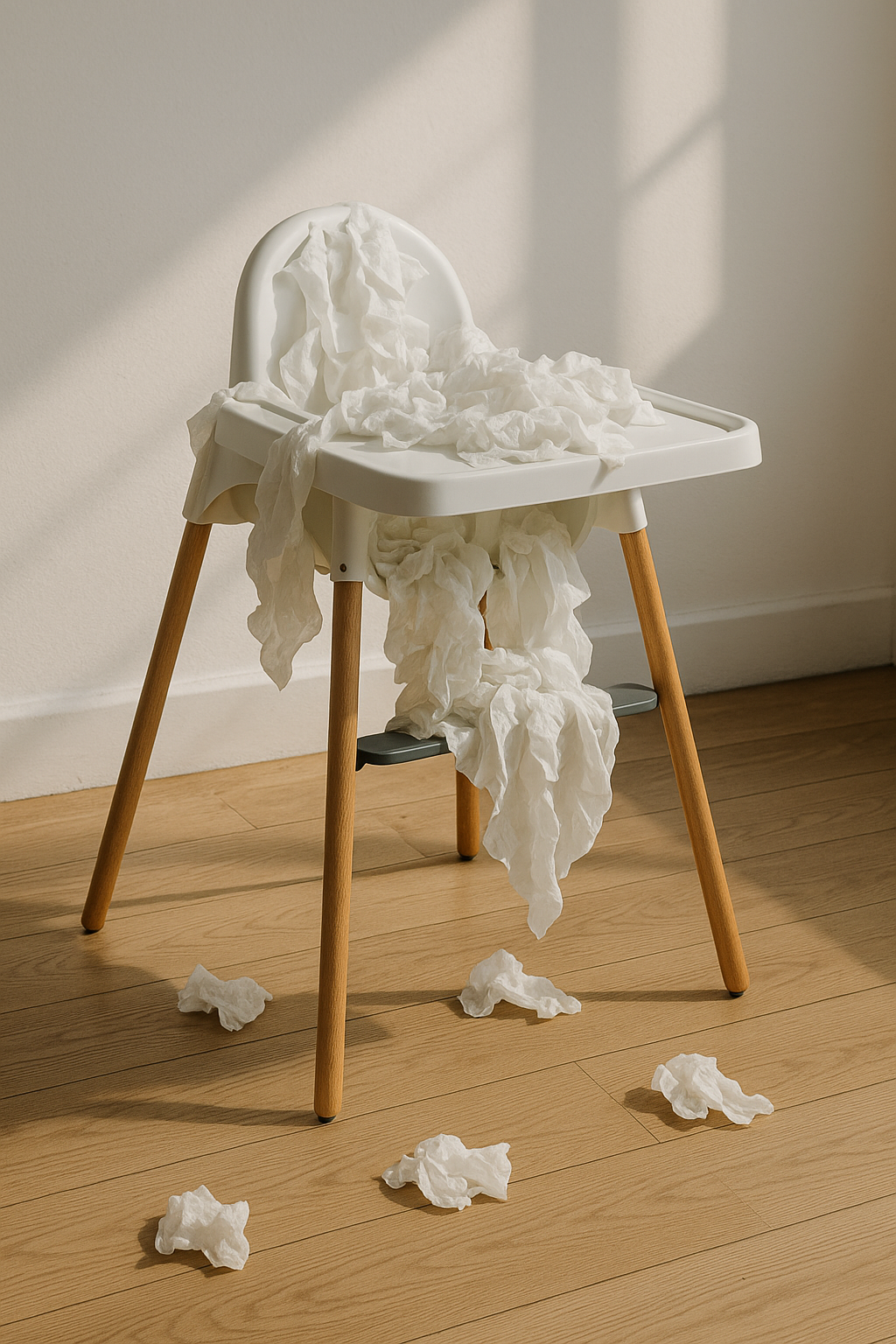 high chair covered in used baby wipes at home image generated by chat gpt